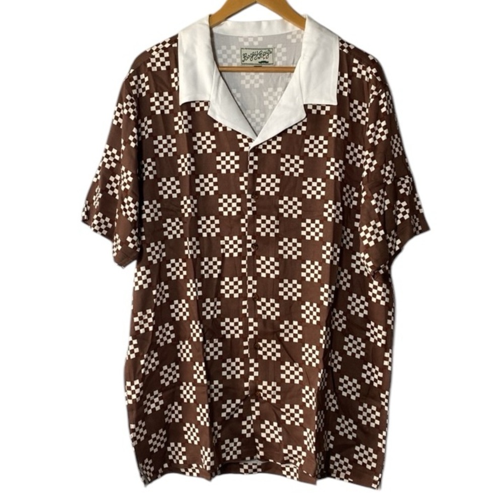 Bogey Boys Button Up Shirt NEW Men's Large Brown Big Check White Collared Retro